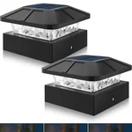 Peasur 4x4 solar post cap lights, 2-pack, mounted on wood deck railing posts