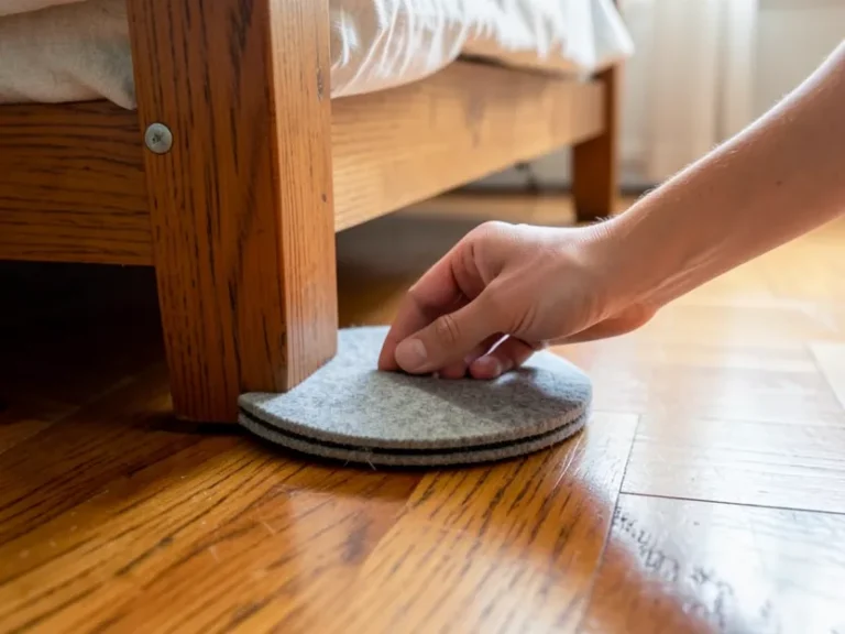 Placing a round felt non-slip gripper pad under a wooden bed leg on a hardwood floor
