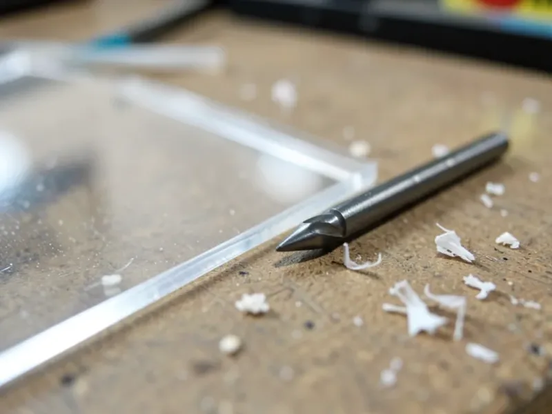 Close-up of a plastic-point drill bit next to a clear acrylic sheet with clean shavings on a workbench