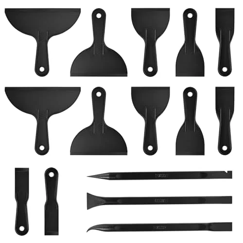 AUUTI 15-piece plastic putty scraper set used for gentle, selective paint removal