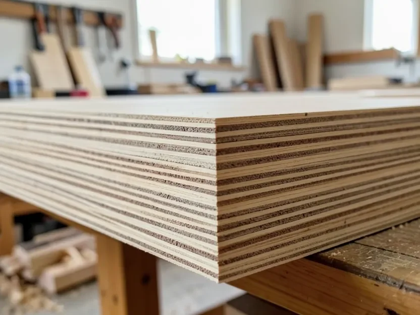 Close-up of plywood edge showing alternating cross-grain veneer layers that give it screw-holding strength