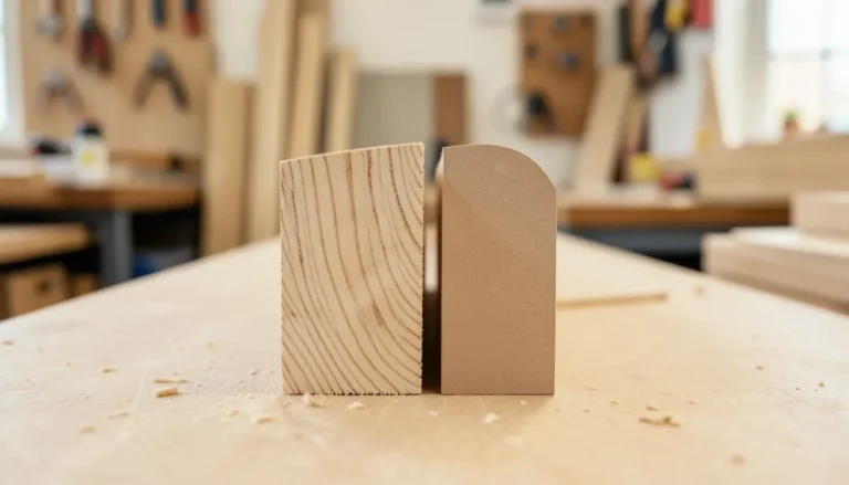 Plywood and MDF wood panel edges compared side by side in a woodworking shop