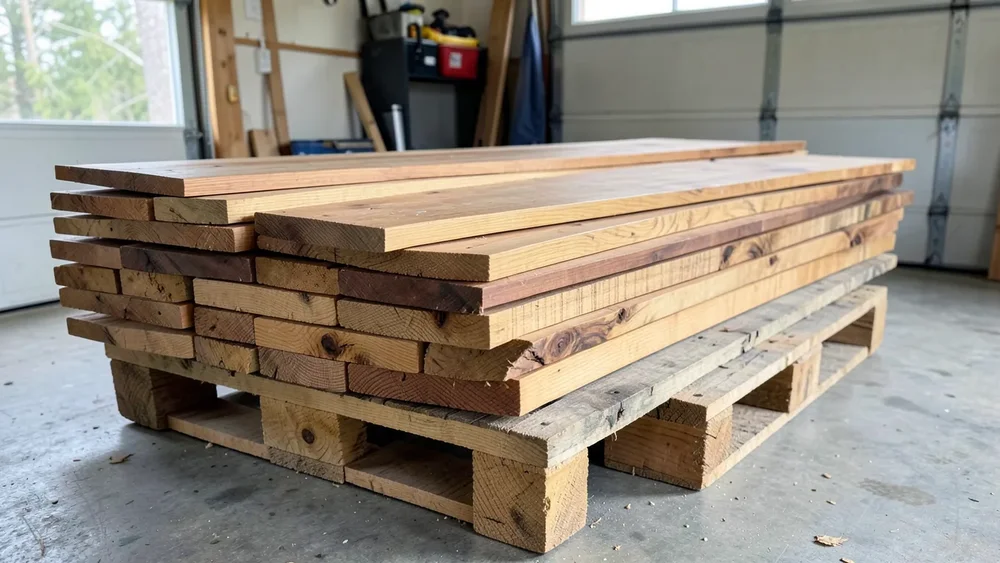 Stacked reclaimed hardwood floor planks on pallets in a garage