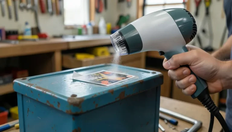 Using a hairdryer to warm a sticker on painted metal before peeling it off