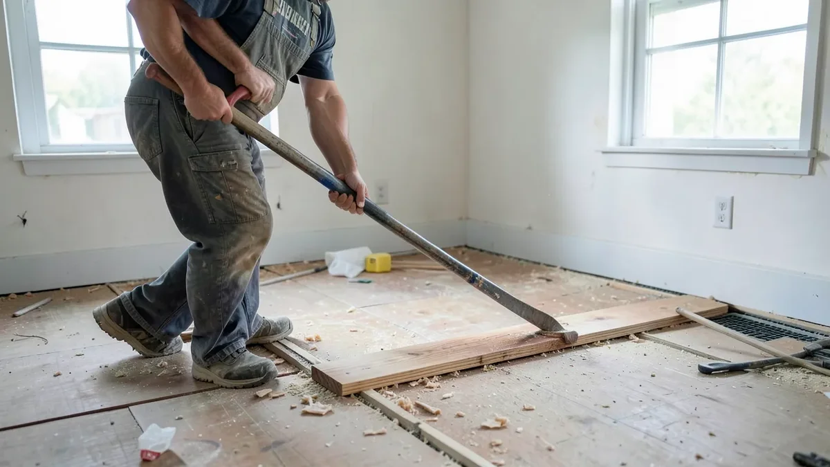 A person using a long pry bar to lift a glued-down hardwood plank off the subfloor