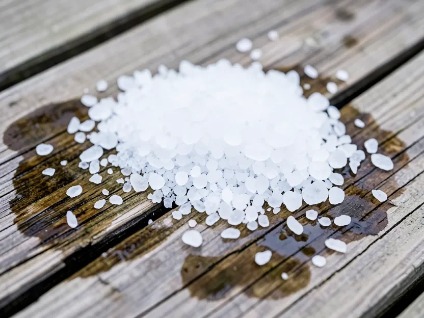 Rock salt crystals dissolving on wood deck boards, drawing moisture from the wood