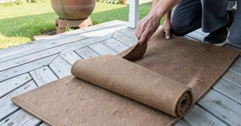 person rolling out brown outdoor carpet onto a wood deck