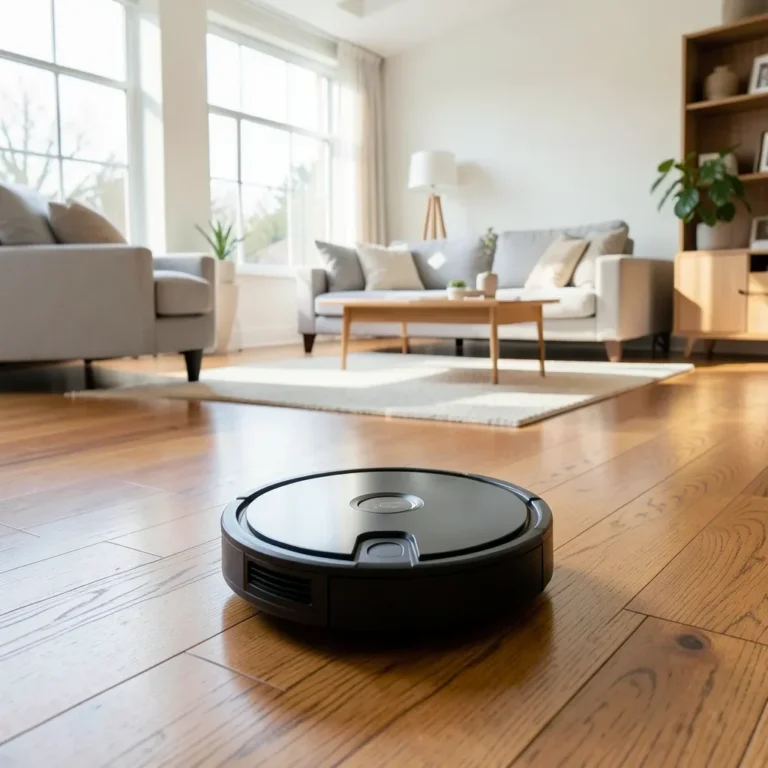 Robot vacuum cleaning a hardwood floor in a bright living room