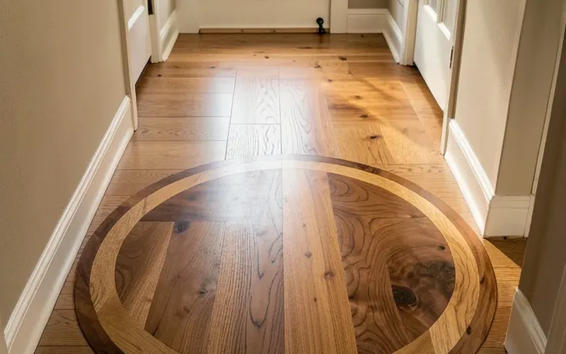 Finished round wood floor medallion inlay in walnut and oak set into a hallway entryway floor