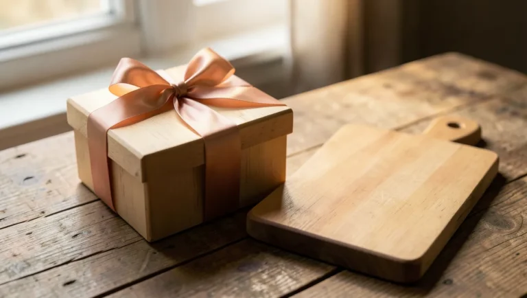 Wrapped wooden anniversary gift box beside a plain wood cutting board