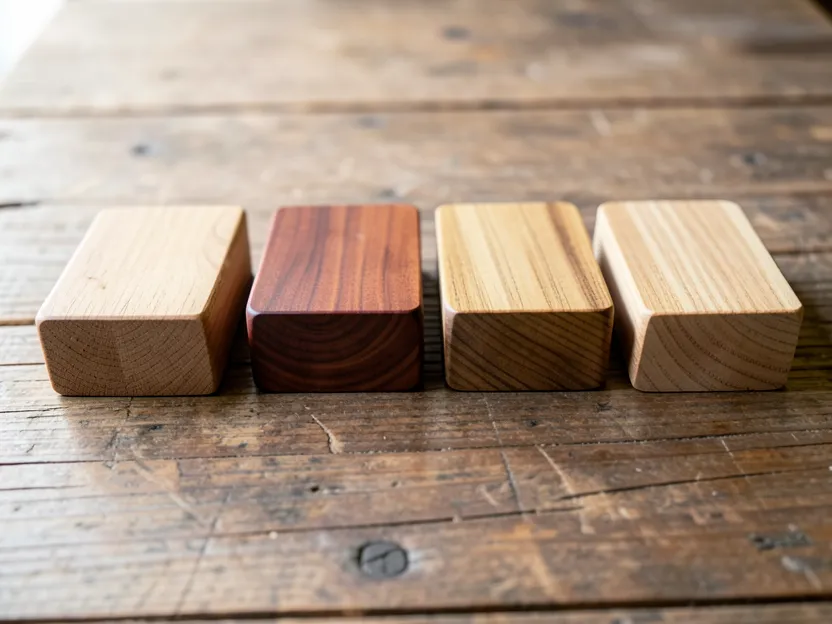 Sample blocks of oak, cherry, walnut, and maple showing natural wood color and grain differences