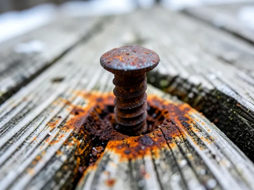 Rusted, corroded deck screw caused by de-icing salt exposure