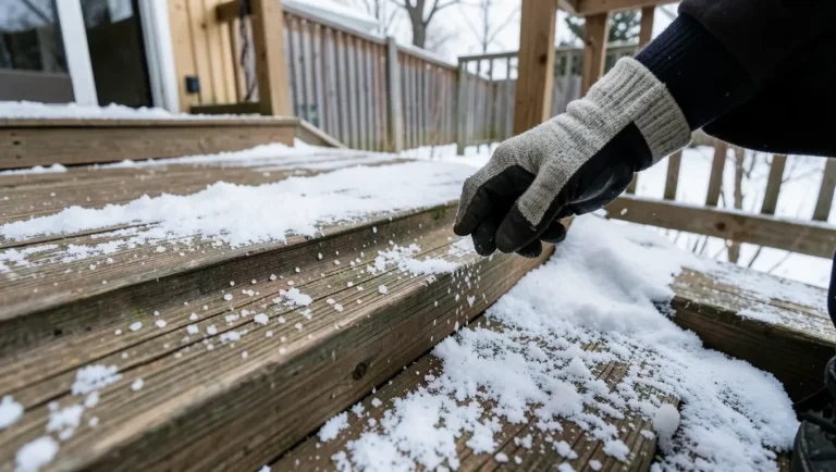 Gloved hand sprinkling ice-melt salt onto a snowy wood deck