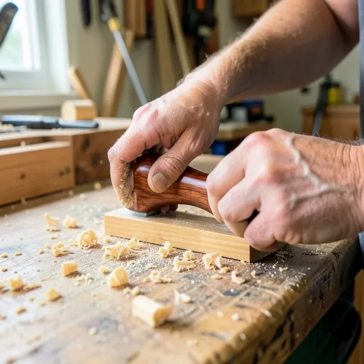 Woodworker sanding a reddish-brown cedar elm wood tool handle in a workshop
