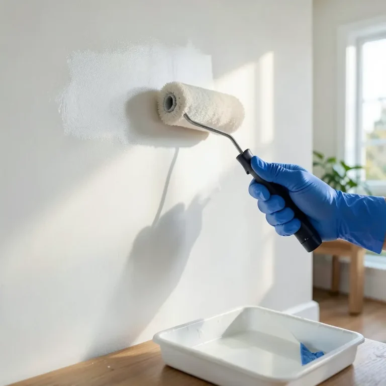 Hand applying satin-sheen white paint to an interior wall with a roller