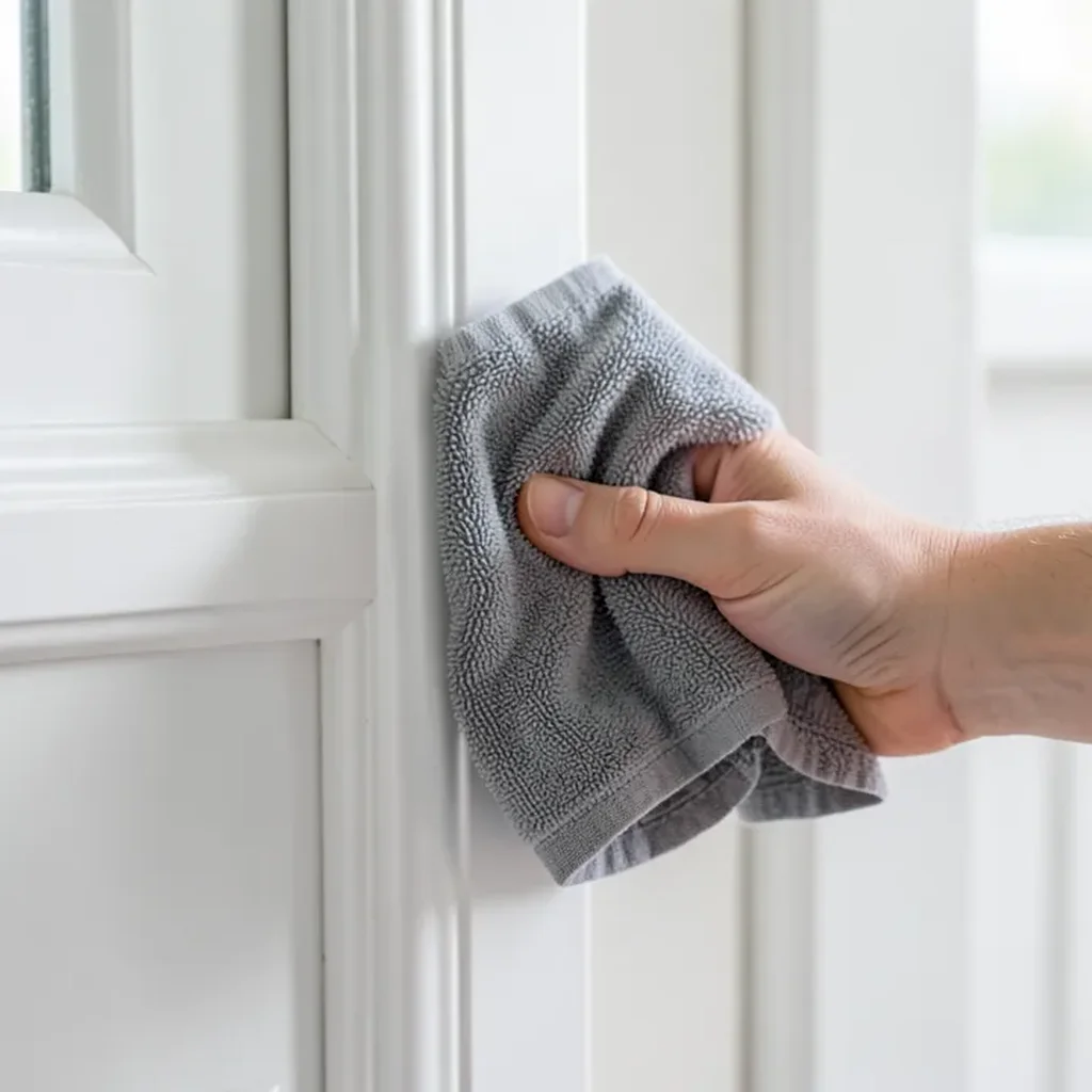 Wiping a satin-finish painted door trim clean with a damp cloth