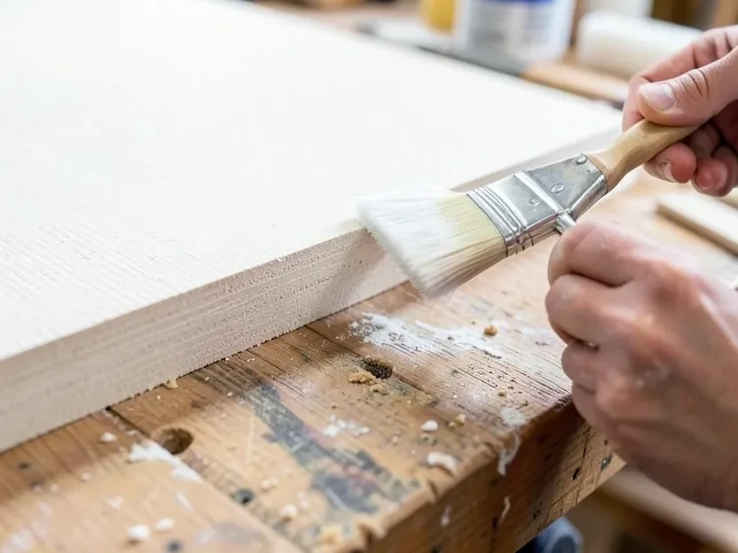 Applying white primer to the raw cut edge of an MDF cabinet panel with a brush before painting