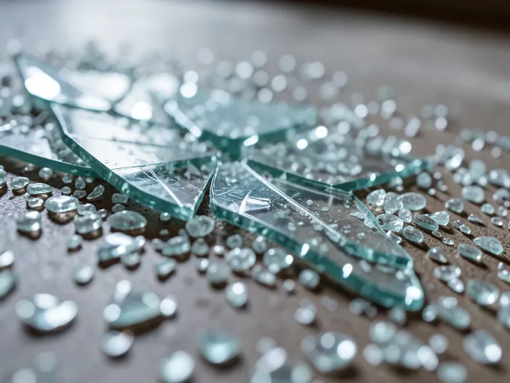 Shattered tempered safety glass broken into small rounded pebble-like fragments