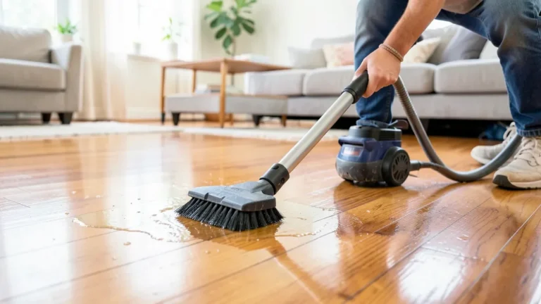 Wet dry shop vacuum with soft brush attachment removing a water spill from a hardwood floor