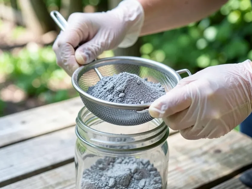 Gloved hands sifting wood ash through a fine mesh sieve into a glass jar