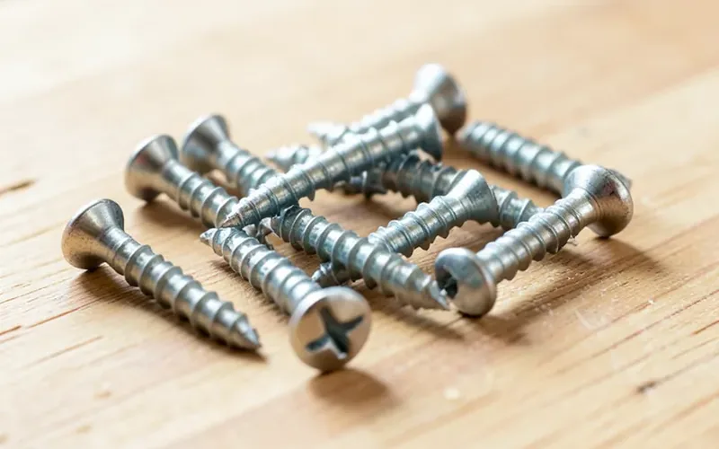 Standard indoor wood screws Several silver phillips-head wood screws scattered on a light wood workbench