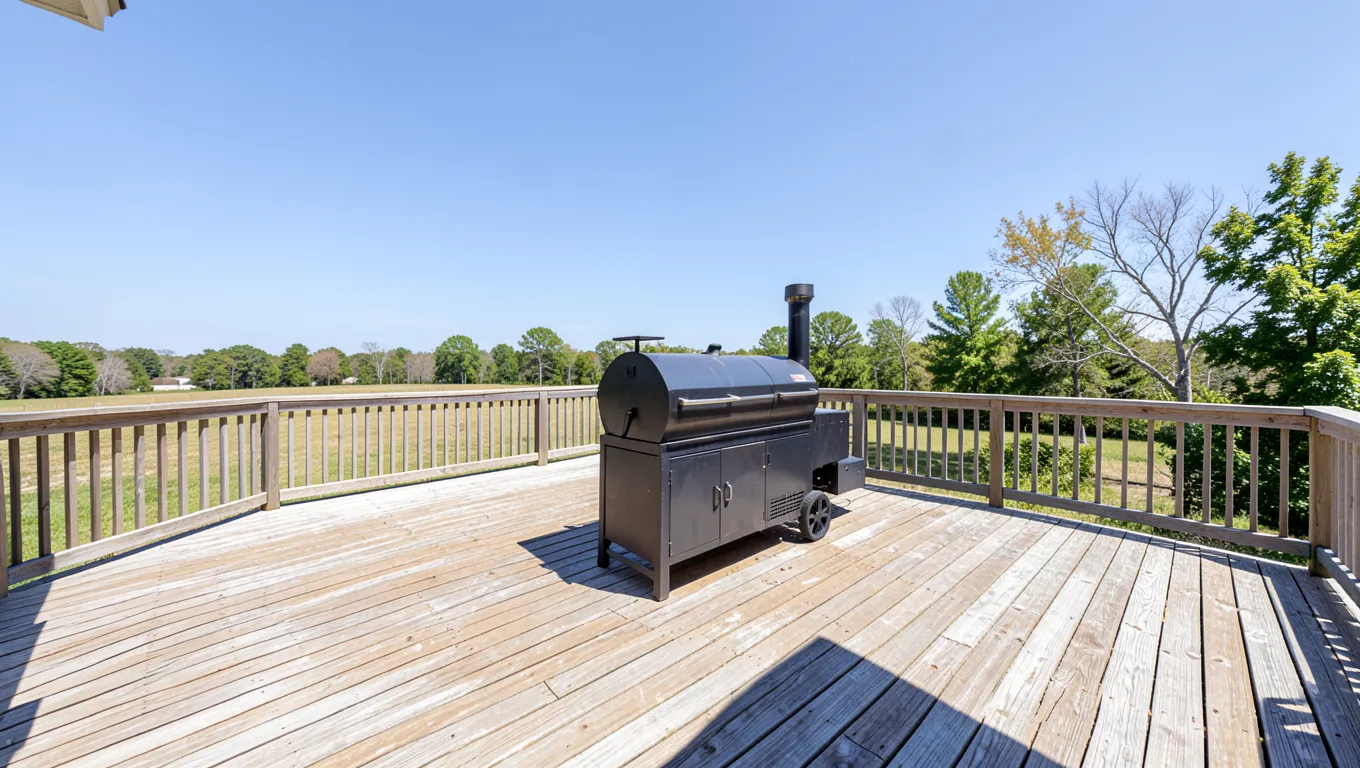 Wood pellet smoker positioned well away from the house wall and railings on an open deck