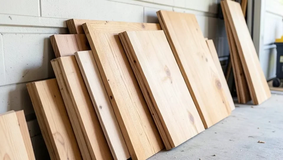 Stack of raw cedar wood planks leaning against a garage workshop wall