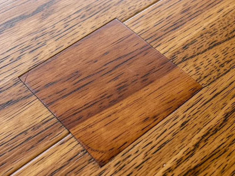 A sanded and stained wood filler patch on a hardwood floor blending with the surrounding grain
