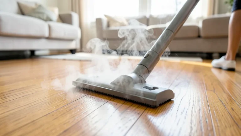 A steam mop releasing steam onto a hardwood floor