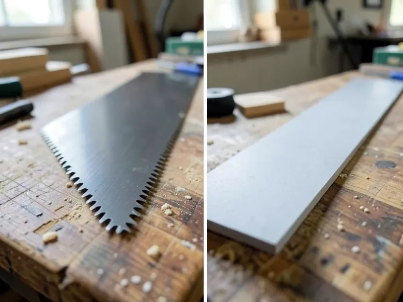 A toothed wood-cutting saw blade next to a smooth diamond masonry blade that has no teeth