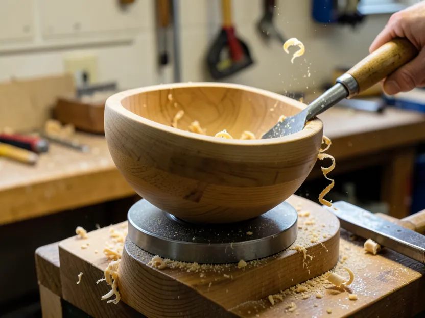 Turning a partially shaped ash wood bowl on a lathe with a gouge