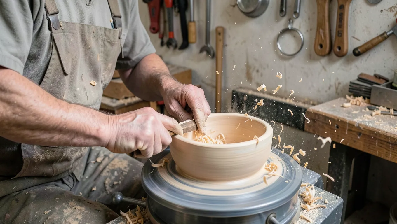 Woodturner shaping an ash wood bowl on a spinning lathe