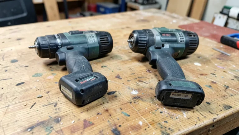 Two similar-looking cordless power drills laid side by side on a workbench