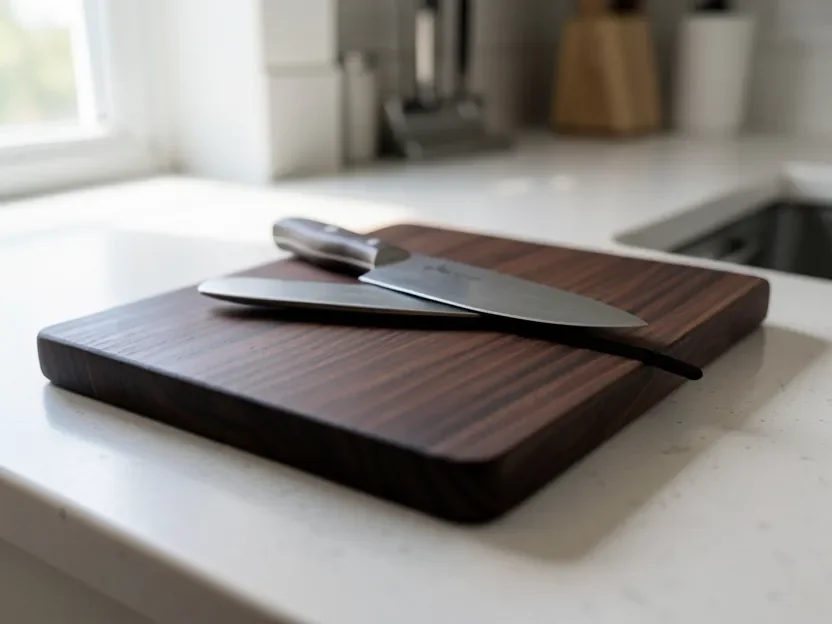 Black walnut cutting board with a uniform rich dark chocolate brown grain and a chefs knife resting on top