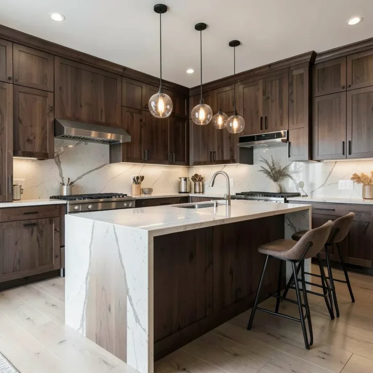 Modern kitchen with rich dark walnut cabinets and a waterfall marble island