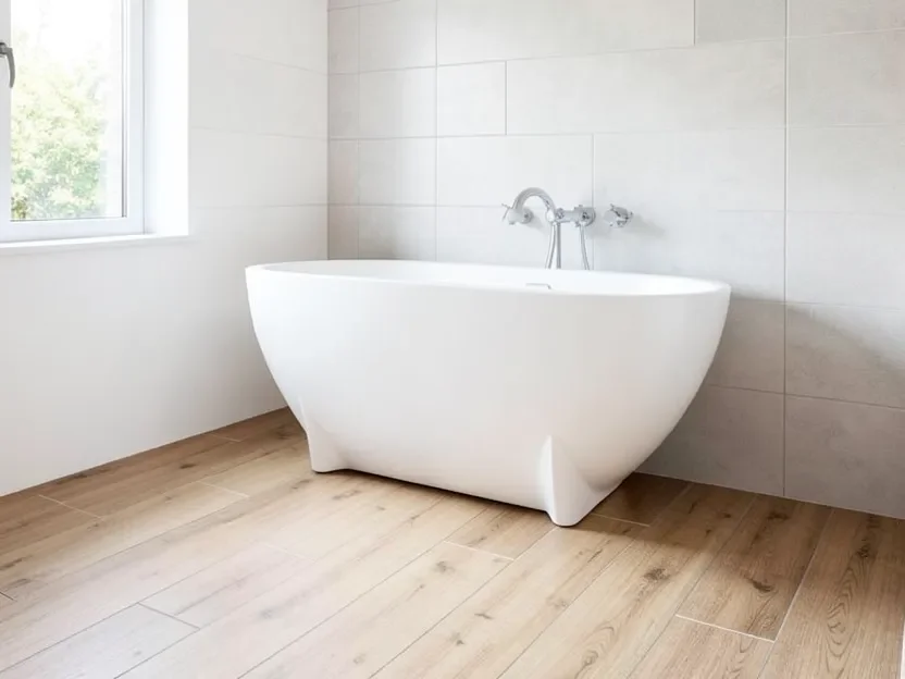 Bathroom with waterproof wood-look LVP flooring installed near a freestanding tub