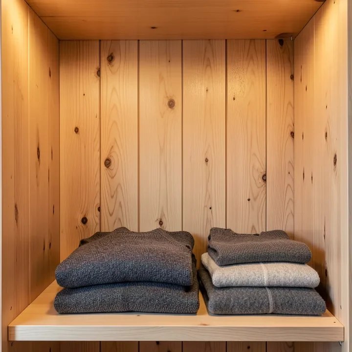 Cedar planks lining the inside of a closet wall