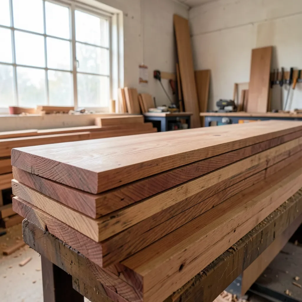 Stacked cedar lumber boards in a woodworking shop
