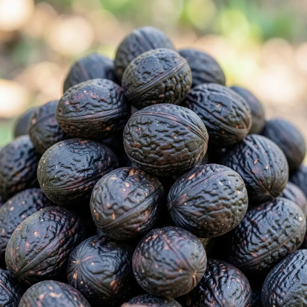 pile of whole black walnuts still in their thick, dark, deeply ridged shells pile of whole black walnuts still in their thick, dark, deeply ridged shells
