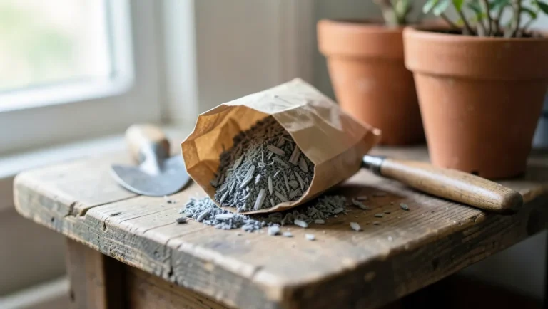 Bag of wood ash spilled on a wooden potting bench next to a garden trowel