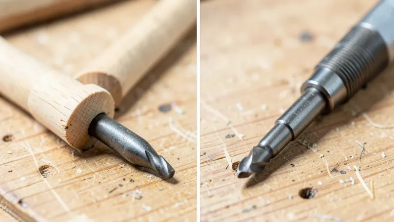Wood drill bit with brad point spur tip next to a metal HSS twist drill bit with conical point, side by side comparison