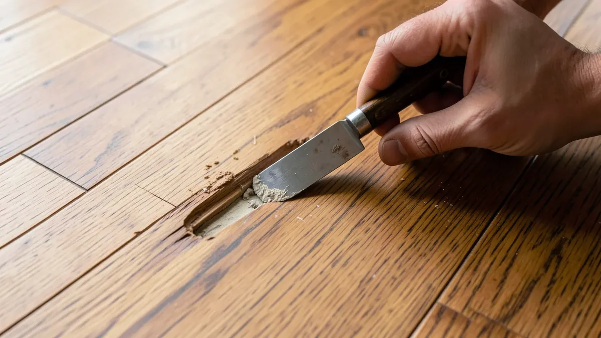 A hand using a putty knife to press wood filler into a gouge on a hardwood floor plank