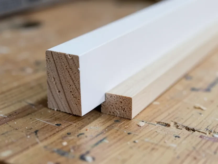 Close-up of solid wood baseboard grain next to smooth painted MDF baseboard cut end