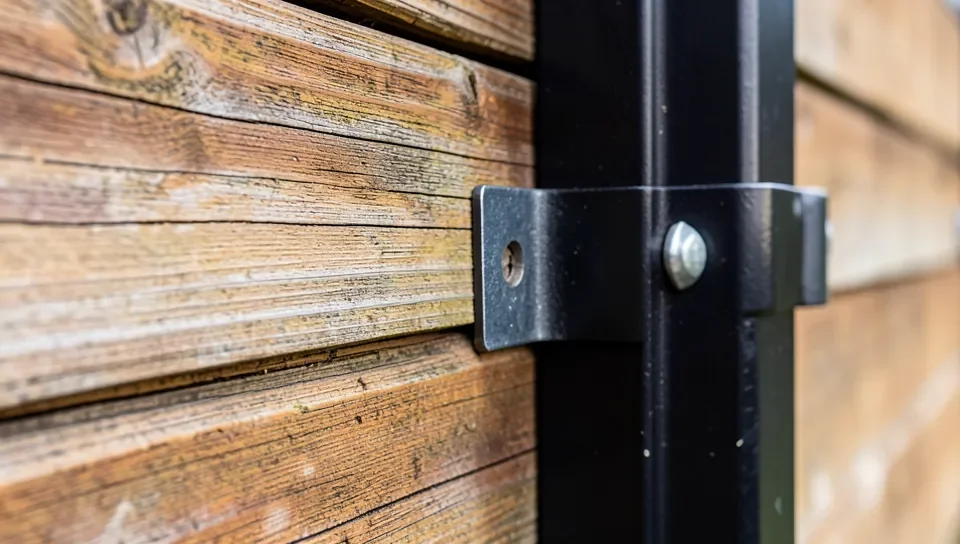 A steel bracket connecting a wood panel to a metal fence post