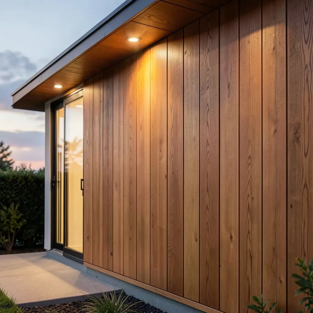 A house exterior clad in warm-toned wood siding with visible straight grain