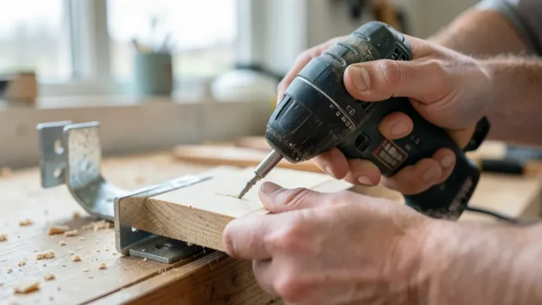 Driving a self-tapping screw through a wood board into a galvanized steel bracket