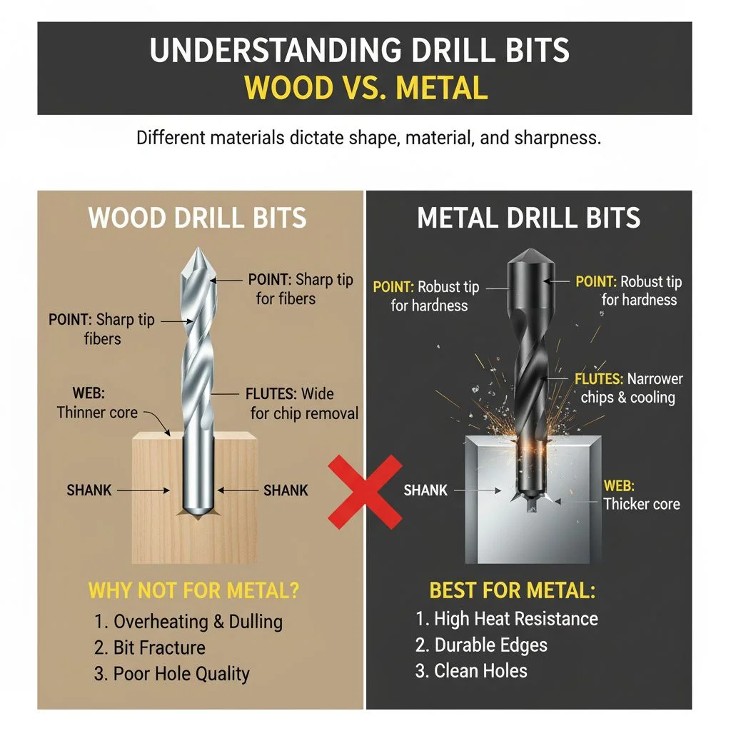 Comparing wood drill bit and metal drill bit design