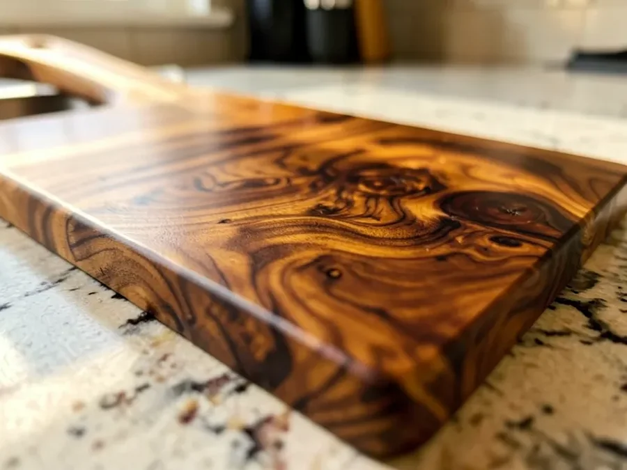 Close-up of acacia wood cutting board grain pattern