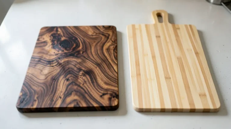 Acacia wood cutting board next to a bamboo cutting board on a kitchen counter
