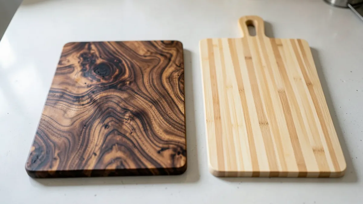 Acacia wood cutting board next to a bamboo cutting board on a kitchen counter